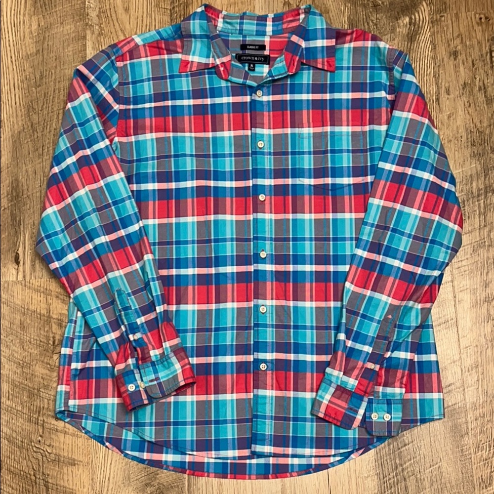 Crown & Ivy‎ Classic Fit Long Sleeve Button Down Pink Blue Plaid Men's Shirt XL
